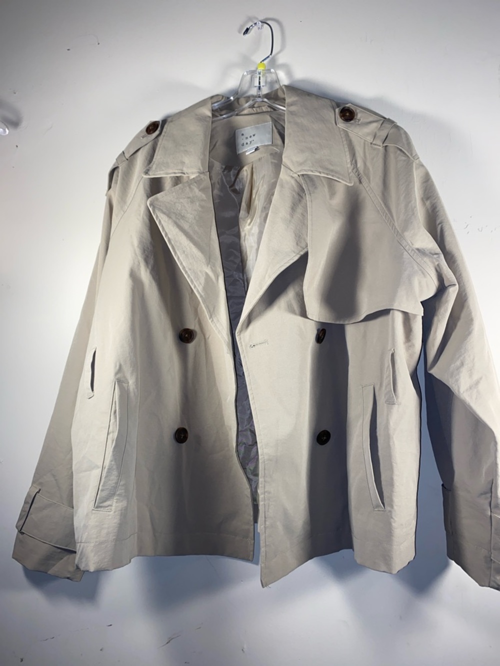 A new day Khaki cropped trench coat button shoulder